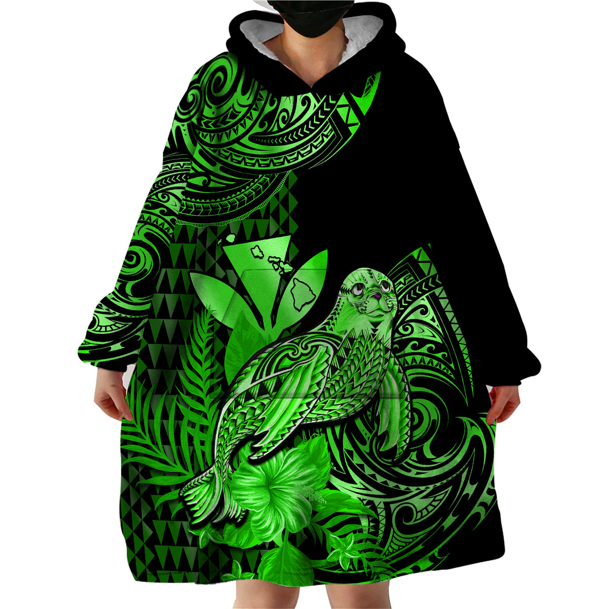 (Custom Personalised) Hawaii Monk Seal Wearable Blanket Hoodie Polynesian Kakau With Kanaka Green - Wonder Print Shop