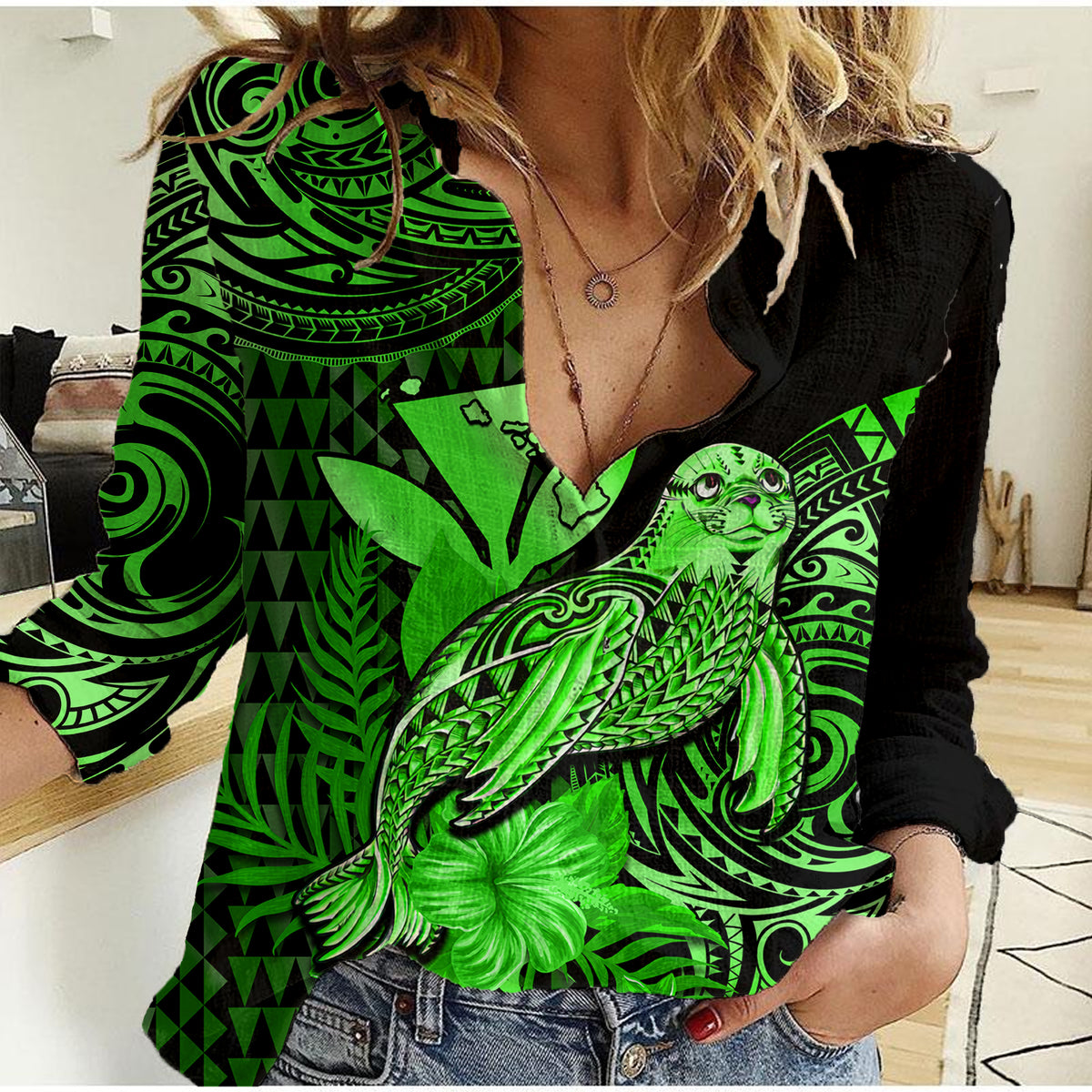 (Custom Personalised) Hawaii Monk Seal Women Casual Shirt Polynesian Kakau With Kanaka Green - Wonder Print Shop