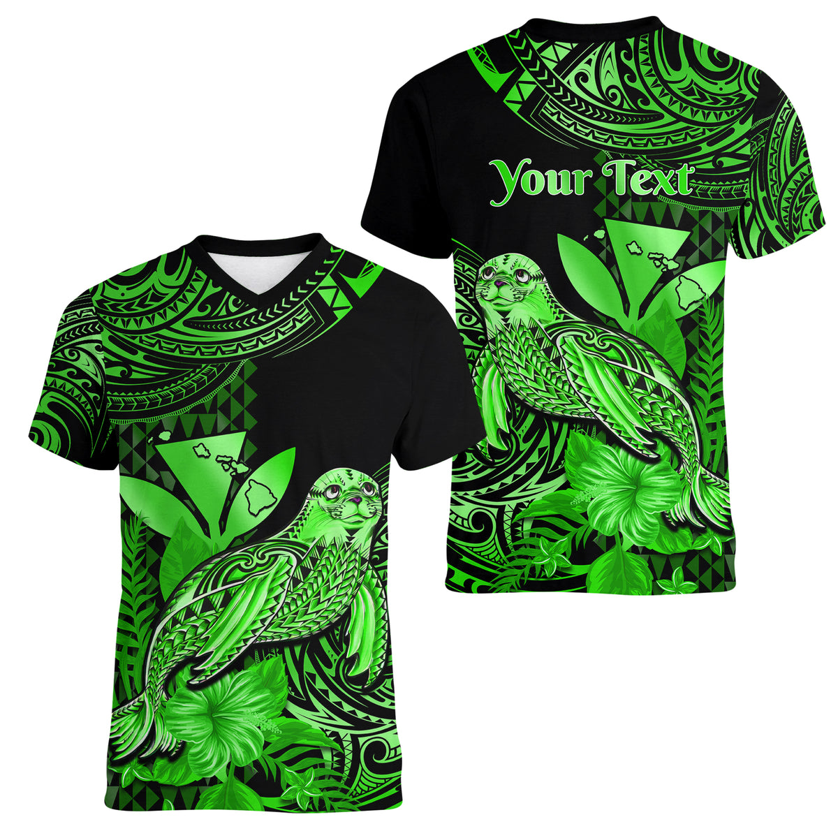 (Custom Personalised) Hawaii Monk Seal Women V Neck T Shirt Polynesian Kakau With Kanaka Green - Wonder Print Shop