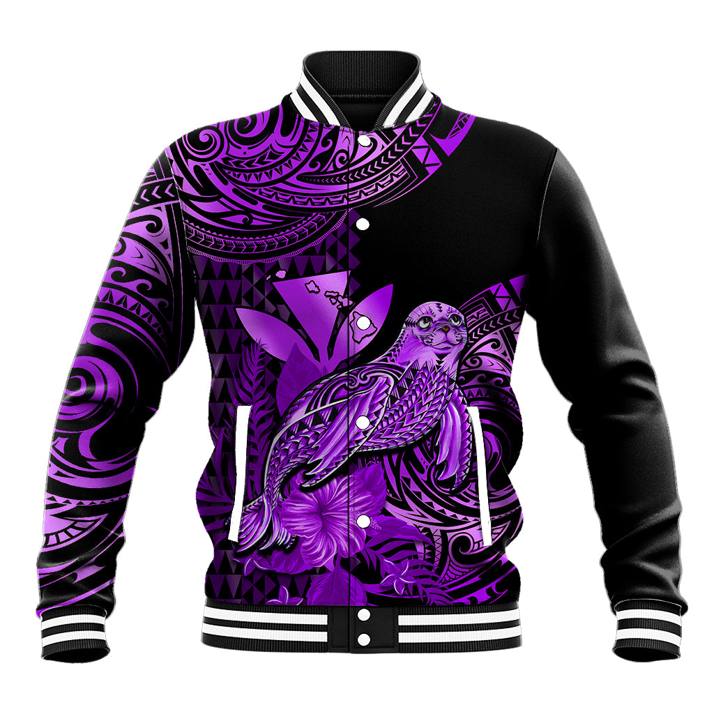 (Custom Personalised) Hawaii Monk Seal Baseball Jacket Polynesian Kakau With Kanaka Purple - Wonder Print Shop