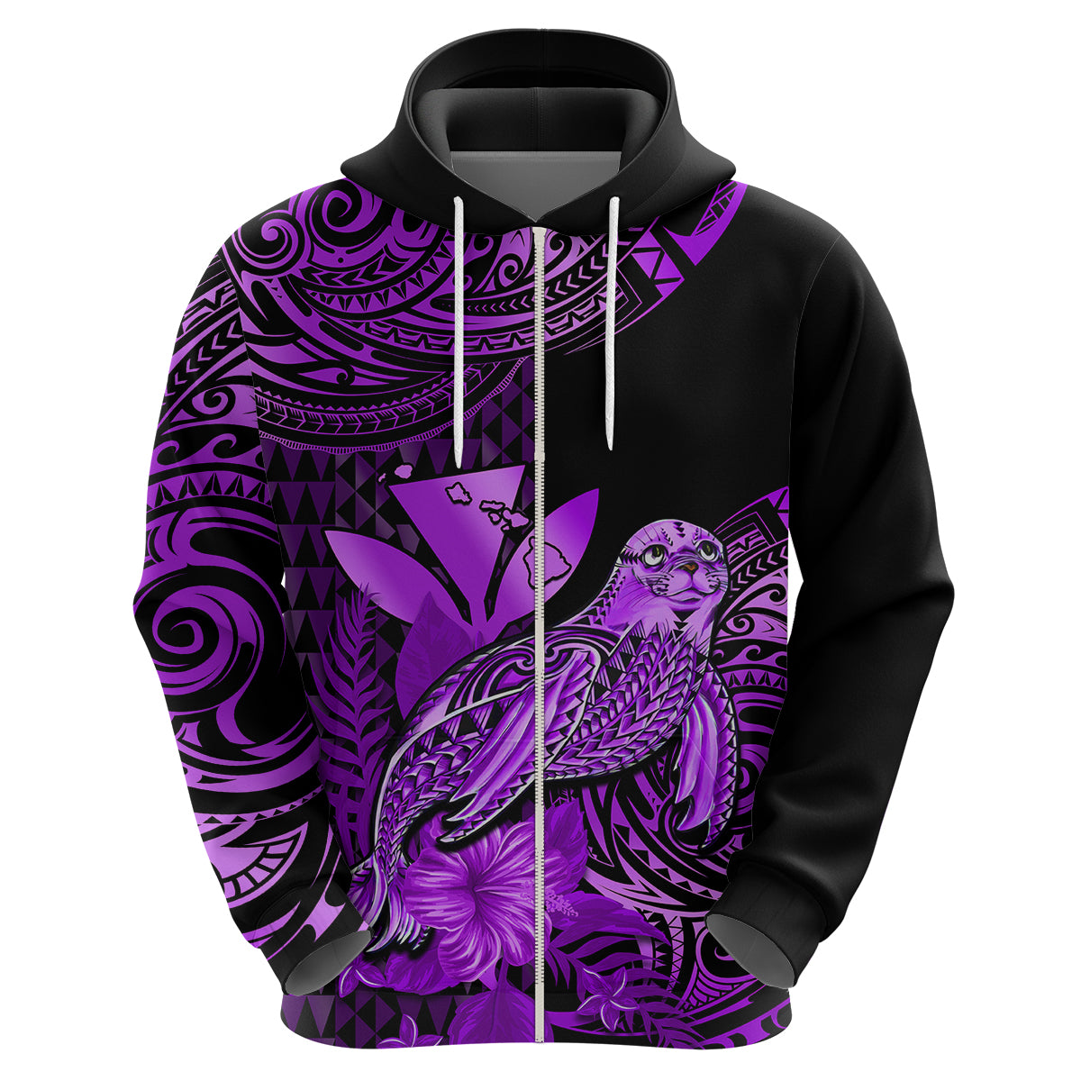 Custom Hawaii Monk Seal Hoodie Polynesian Kakau With Kanaka Purple - Wonder Print Shop