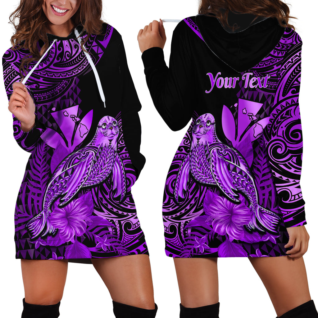 (Custom Personalised) Hawaii Monk Seal Hoodie Dress Polynesian Kakau With Kanaka Purple - Wonder Print Shop