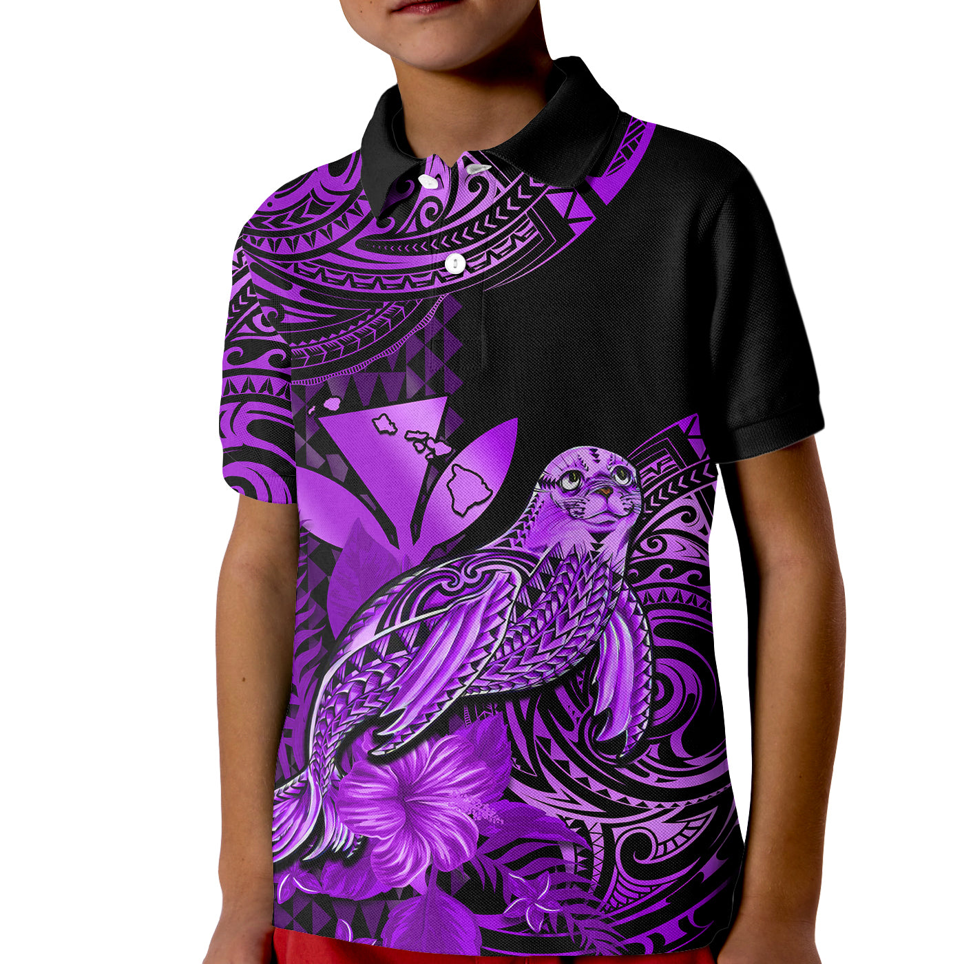 Custom Monk Seal Hawaii Polo Shirt for Kid Polynesian Kakau With Kanaka Purple - Wonder Print Shop