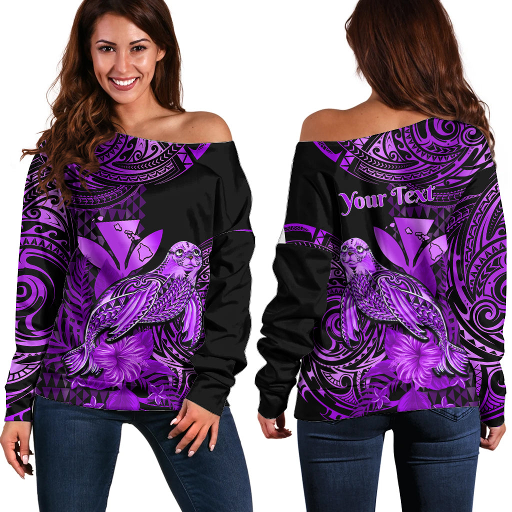 (Custom Personalised) Hawaii Monk Seal Off Shoulder Sweater Polynesian Kakau With Kanaka Purple - Wonder Print Shop