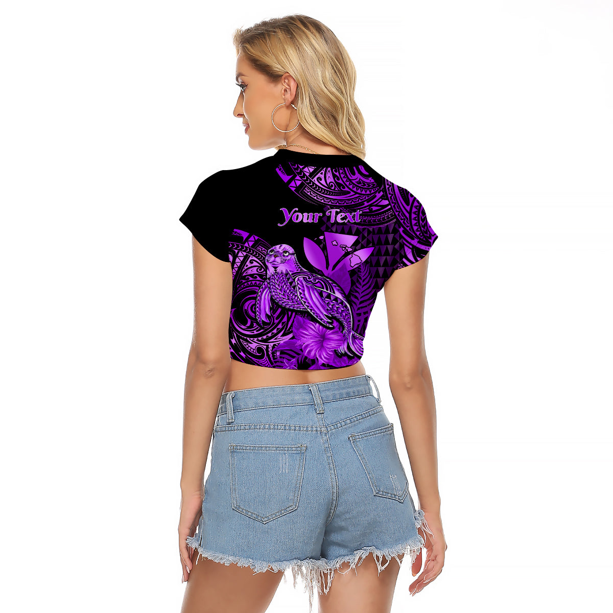 (Custom Personalised) Hawaii Monk Seal Raglan Cropped T Shirt Polynesian Kakau With Kanaka Purple - Wonder Print Shop