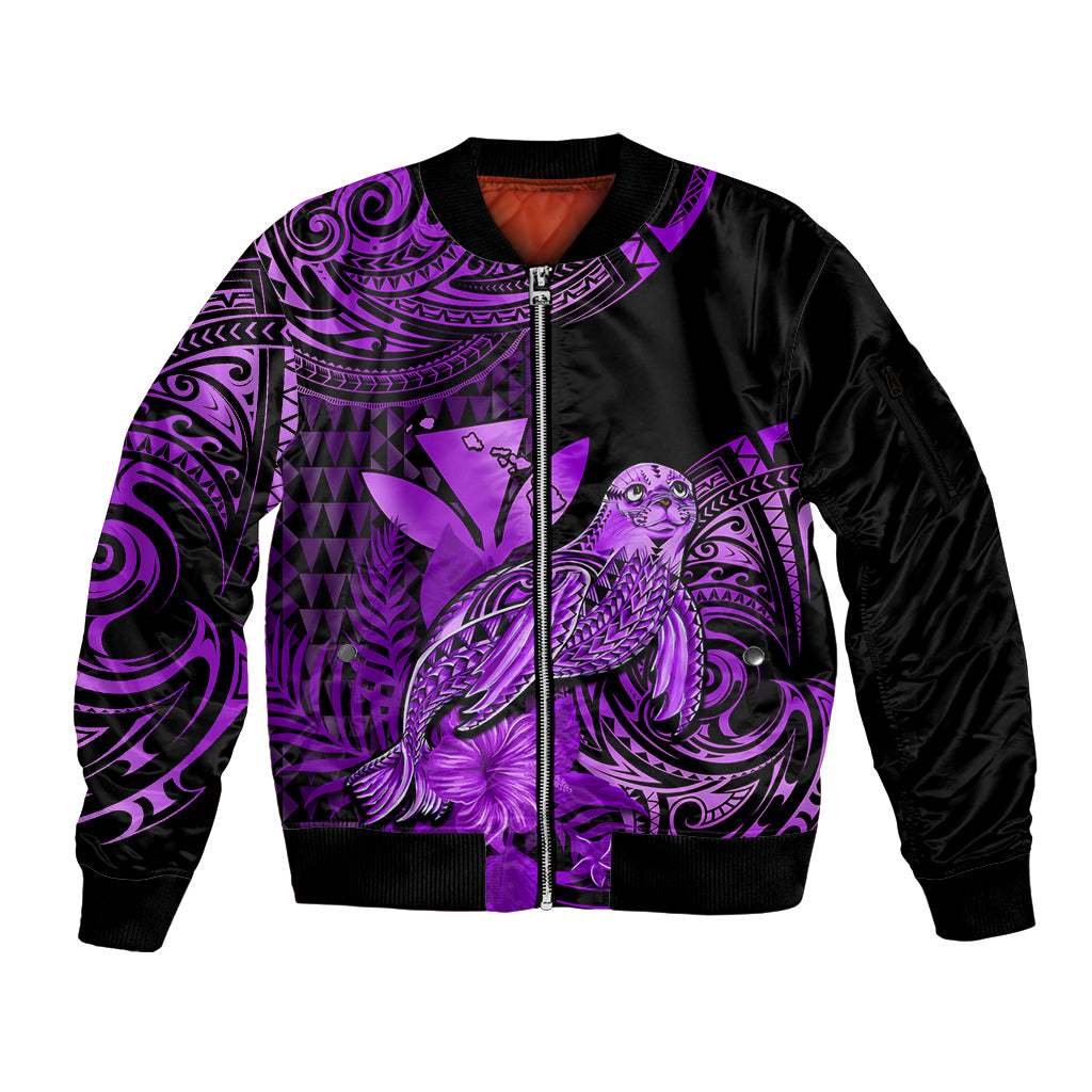 (Custom Personalised) Hawaii Monk Seal Sleeve Zip Bomber Jacket Polynesian Kakau With Kanaka Purple - Wonder Print Shop