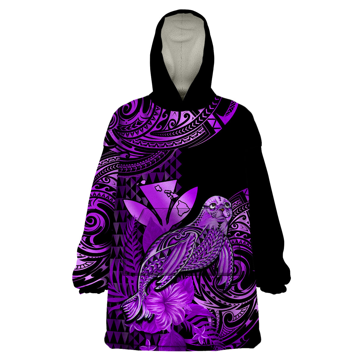 (Custom Personalised) Hawaii Monk Seal Wearable Blanket Hoodie Polynesian Kakau With Kanaka Purple - Wonder Print Shop
