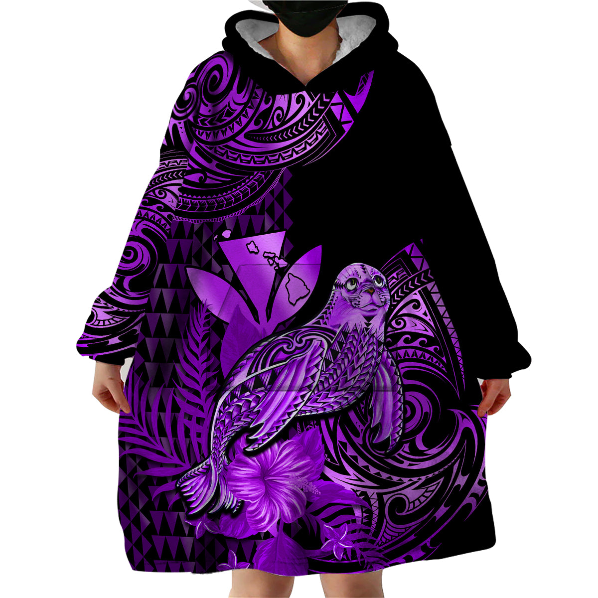 (Custom Personalised) Hawaii Monk Seal Wearable Blanket Hoodie Polynesian Kakau With Kanaka Purple - Wonder Print Shop