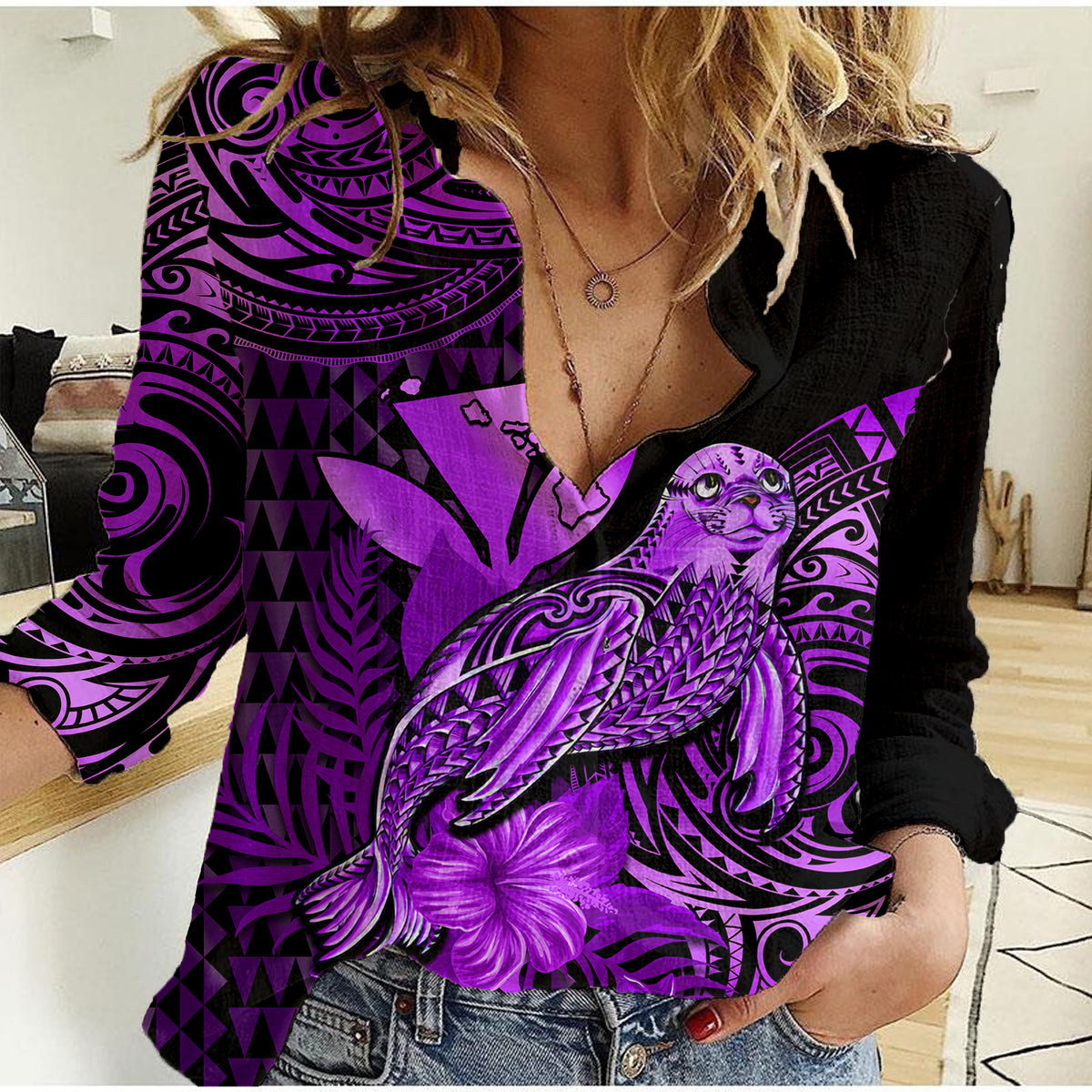 (Custom Personalised) Hawaii Monk Seal Women Casual Shirt Polynesian Kakau With Kanaka Purple - Wonder Print Shop