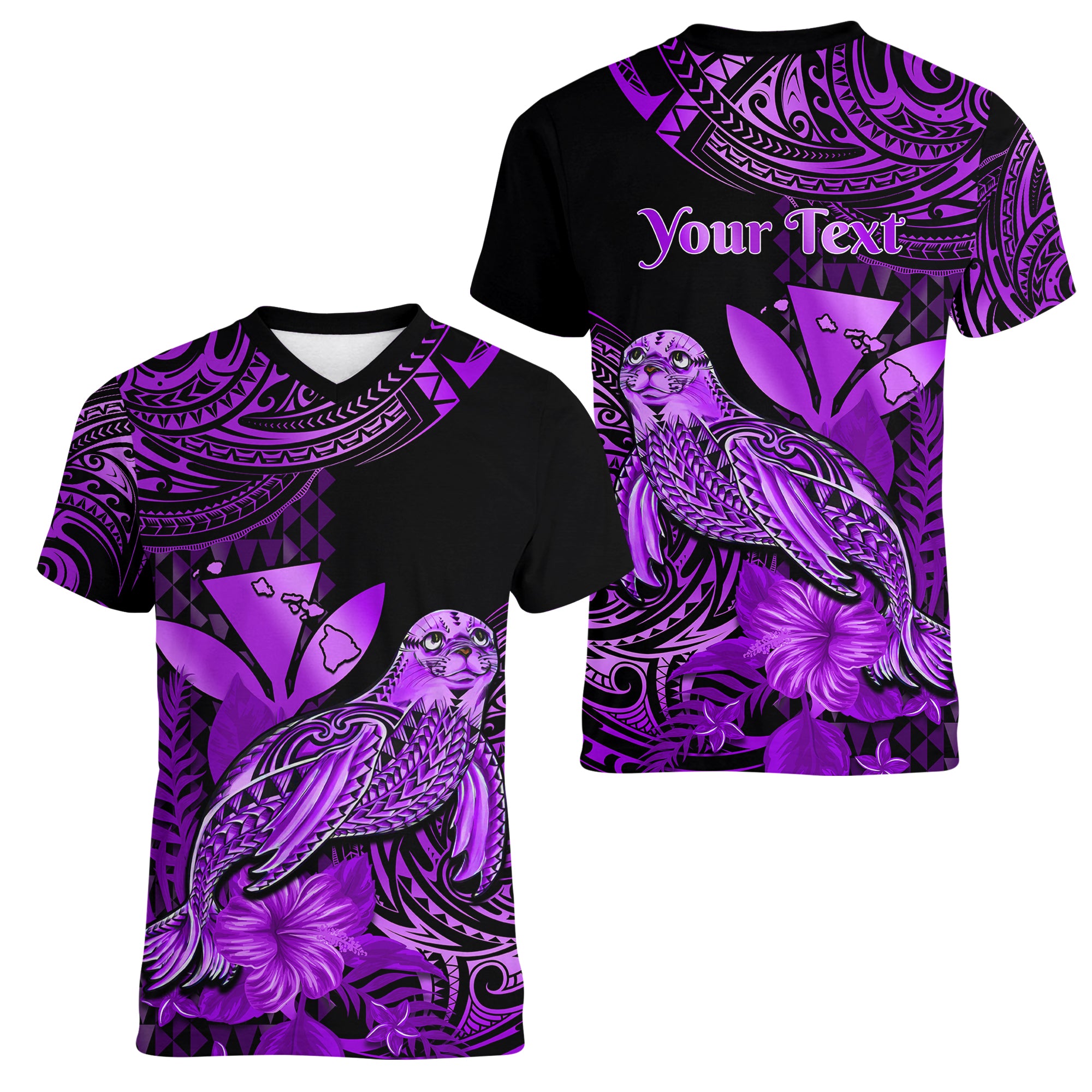 (Custom Personalised) Hawaii Monk Seal Women V Neck T Shirt Polynesian Kakau With Kanaka Purple - Wonder Print Shop