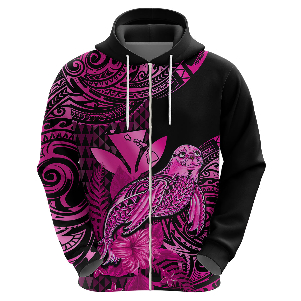 Custom Hawaii Monk Seal Hoodie Polynesian Kakau With Kanaka Pink - Wonder Print Shop