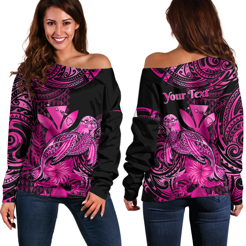 (Custom Personalised) Hawaii Monk Seal Off Shoulder Sweater Polynesian Kakau With Kanaka Pink - Wonder Print Shop