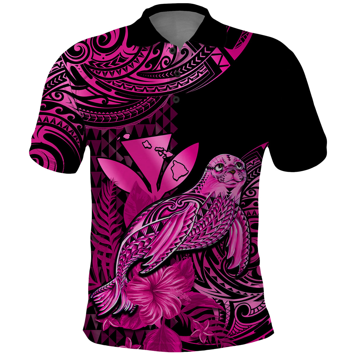 Custom Monk Seal Hawaii Polo Shirt Polynesian Kakau With Kanaka Pink - Wonder Print Shop