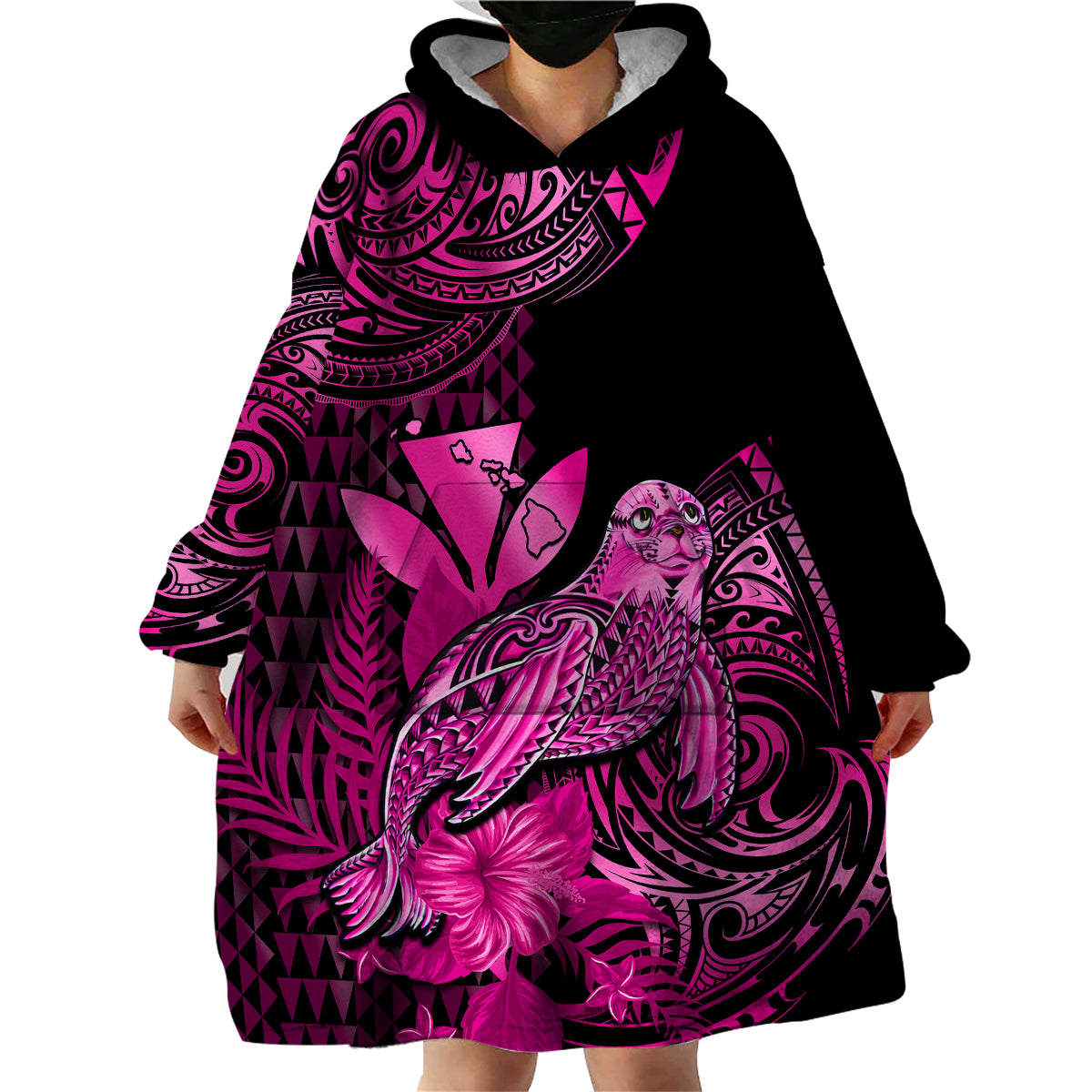 (Custom Personalised) Hawaii Monk Seal Wearable Blanket Hoodie Polynesian Kakau With Kanaka Pink - Wonder Print Shop