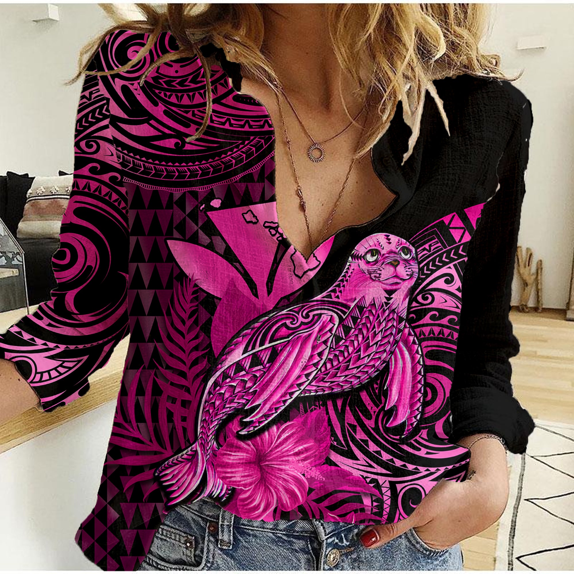 (Custom Personalised) Hawaii Monk Seal Women Casual Shirt Polynesian Kakau With Kanaka Pink - Wonder Print Shop