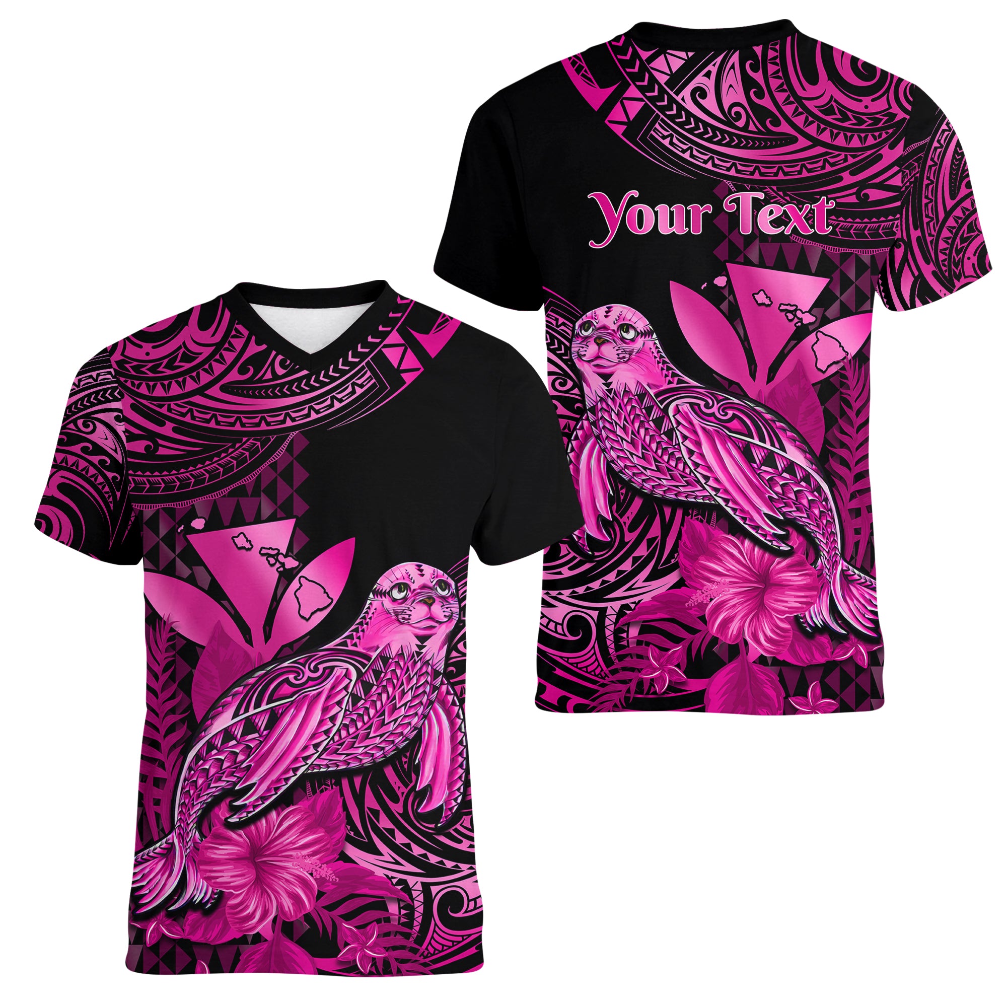 (Custom Personalised) Hawaii Monk Seal Women V Neck T Shirt Polynesian Kakau With Kanaka Pink - Wonder Print Shop