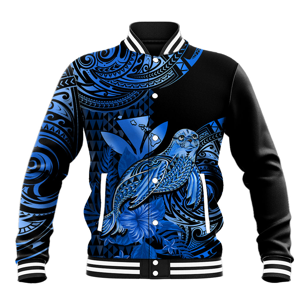 (Custom Personalised) Hawaii Monk Seal Baseball Jacket Polynesian Kakau With Kanaka Blue - Wonder Print Shop