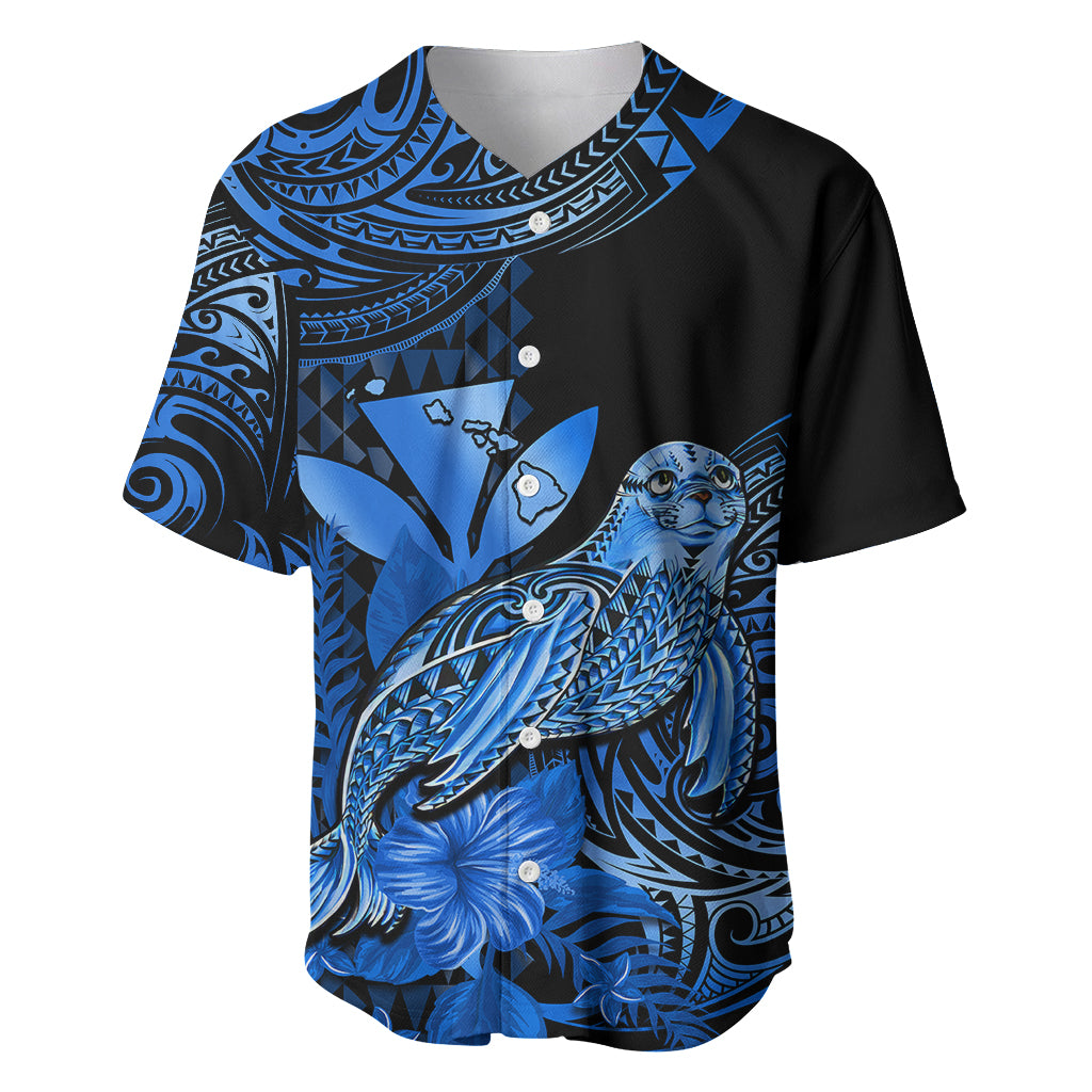 (Custom Personalised) Hawaii Monk Seal Baseball Jersey Polynesian Kakau With Kanaka Blue - Wonder Print Shop
