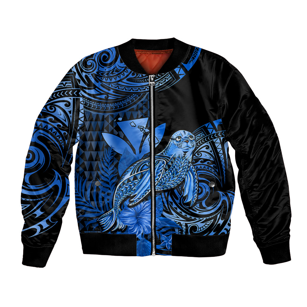 (Custom Personalised) Hawaii Monk Seal Bomber Jacket Polynesian Kakau With Kanaka Blue - Wonder Print Shop