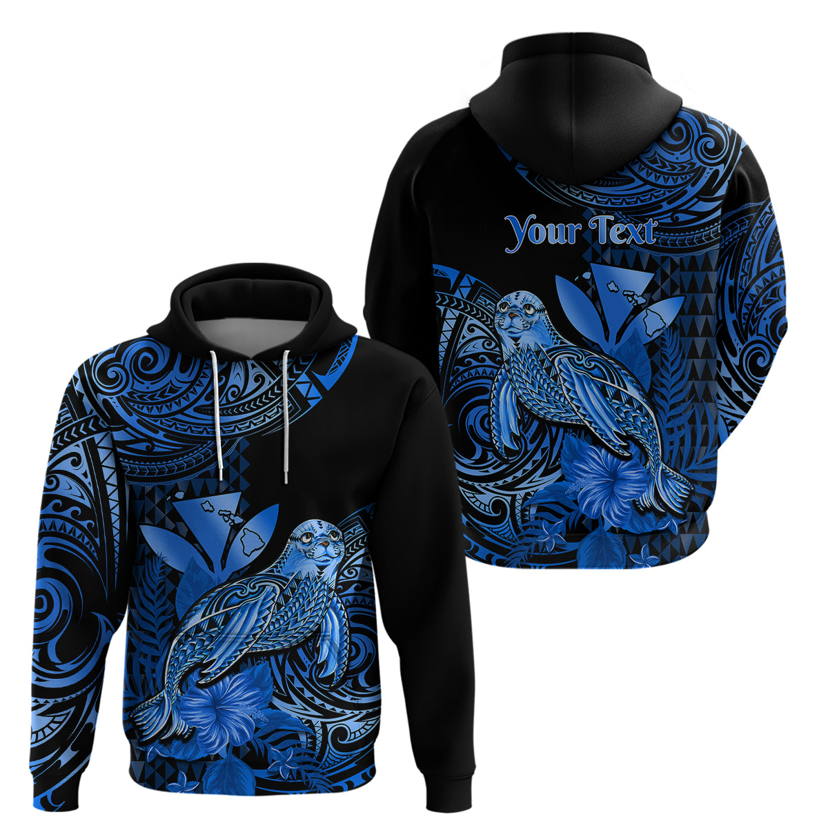 Custom Hawaii Monk Seal Hoodie Polynesian Kakau With Kanaka Blue - Wonder Print Shop
