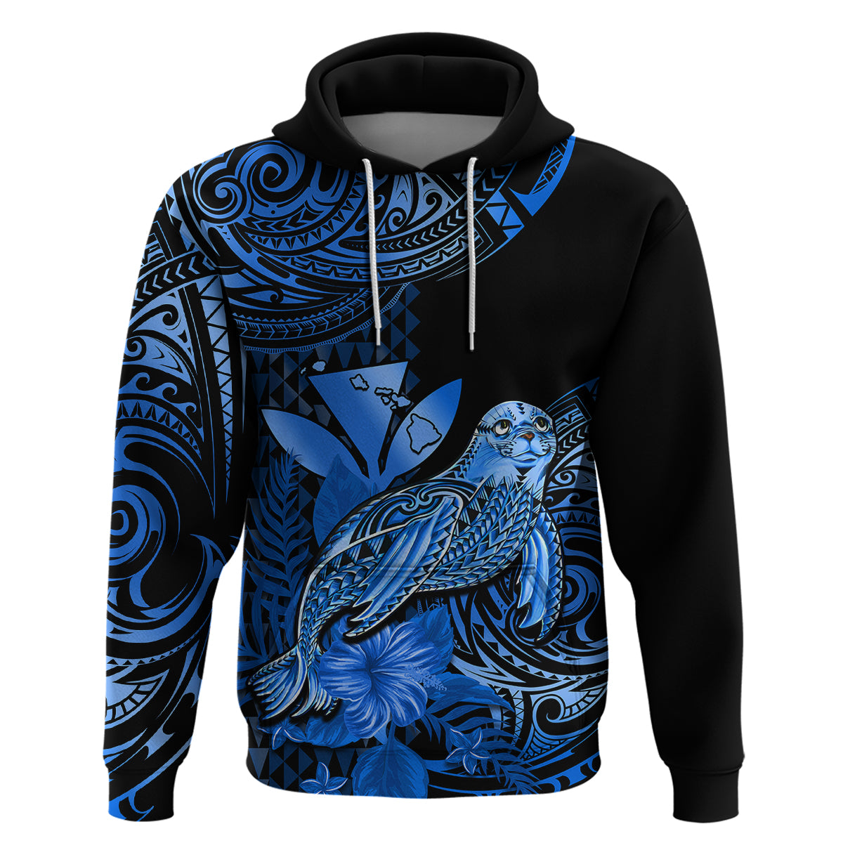 Custom Hawaii Monk Seal Hoodie Polynesian Kakau With Kanaka Blue - Wonder Print Shop