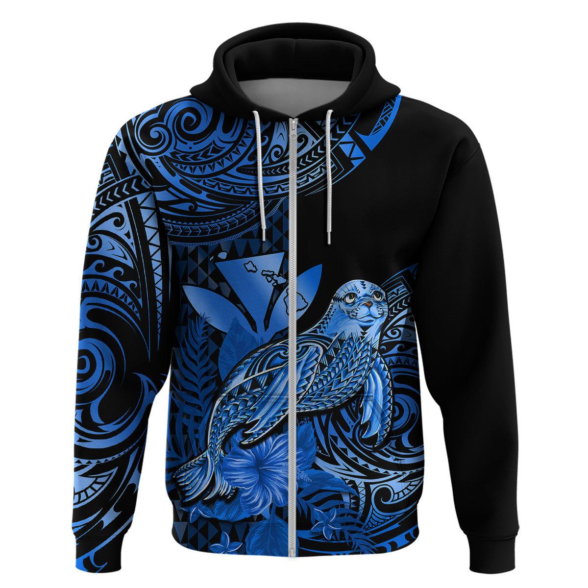 Custom Hawaii Monk Seal Hoodie Polynesian Kakau With Kanaka Blue - Wonder Print Shop