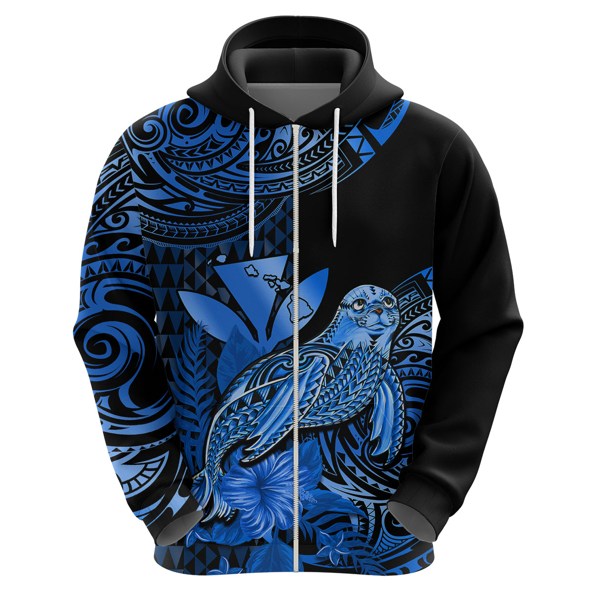 Custom Hawaii Monk Seal Hoodie Polynesian Kakau With Kanaka Blue - Wonder Print Shop