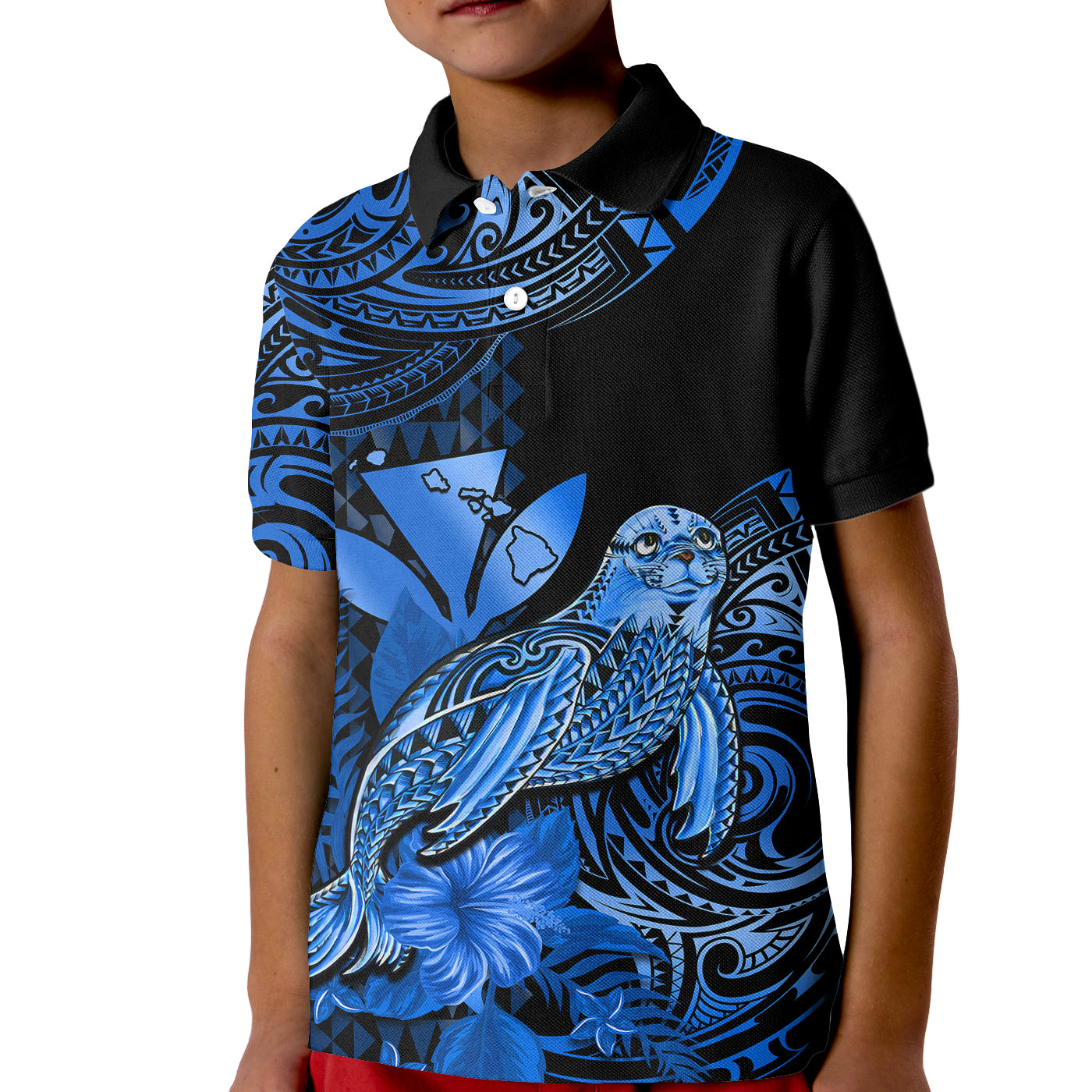 Custom Monk Seal Hawaii Polo Shirt for Kid Polynesian Kakau With Kanaka Blue - Wonder Print Shop