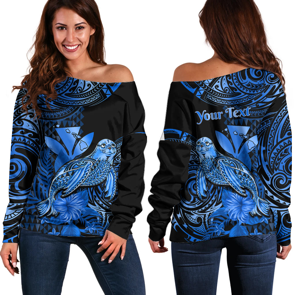 (Custom Personalised) Hawaii Monk Seal Off Shoulder Sweater Polynesian Kakau With Kanaka Blue - Wonder Print Shop