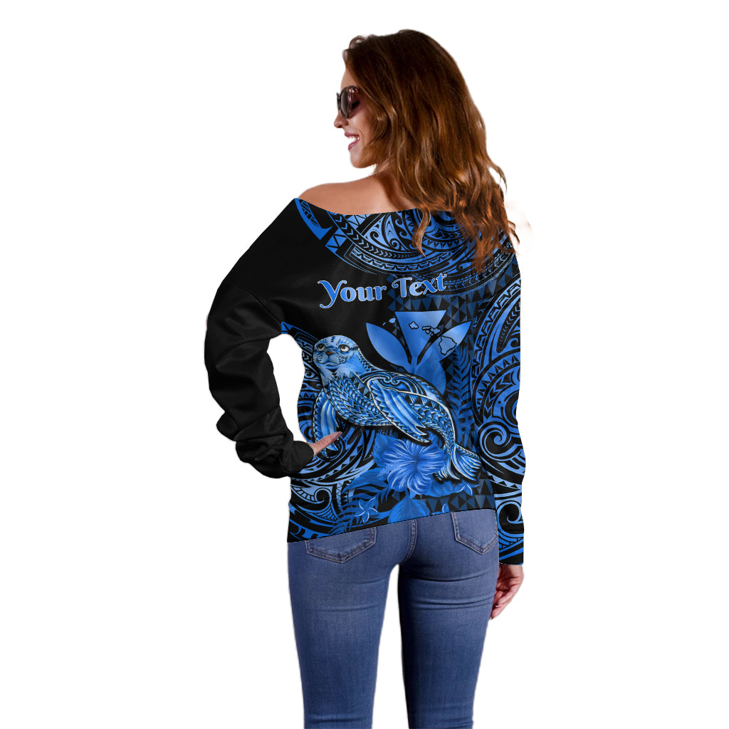 (Custom Personalised) Hawaii Monk Seal Off Shoulder Sweater Polynesian Kakau With Kanaka Blue - Wonder Print Shop