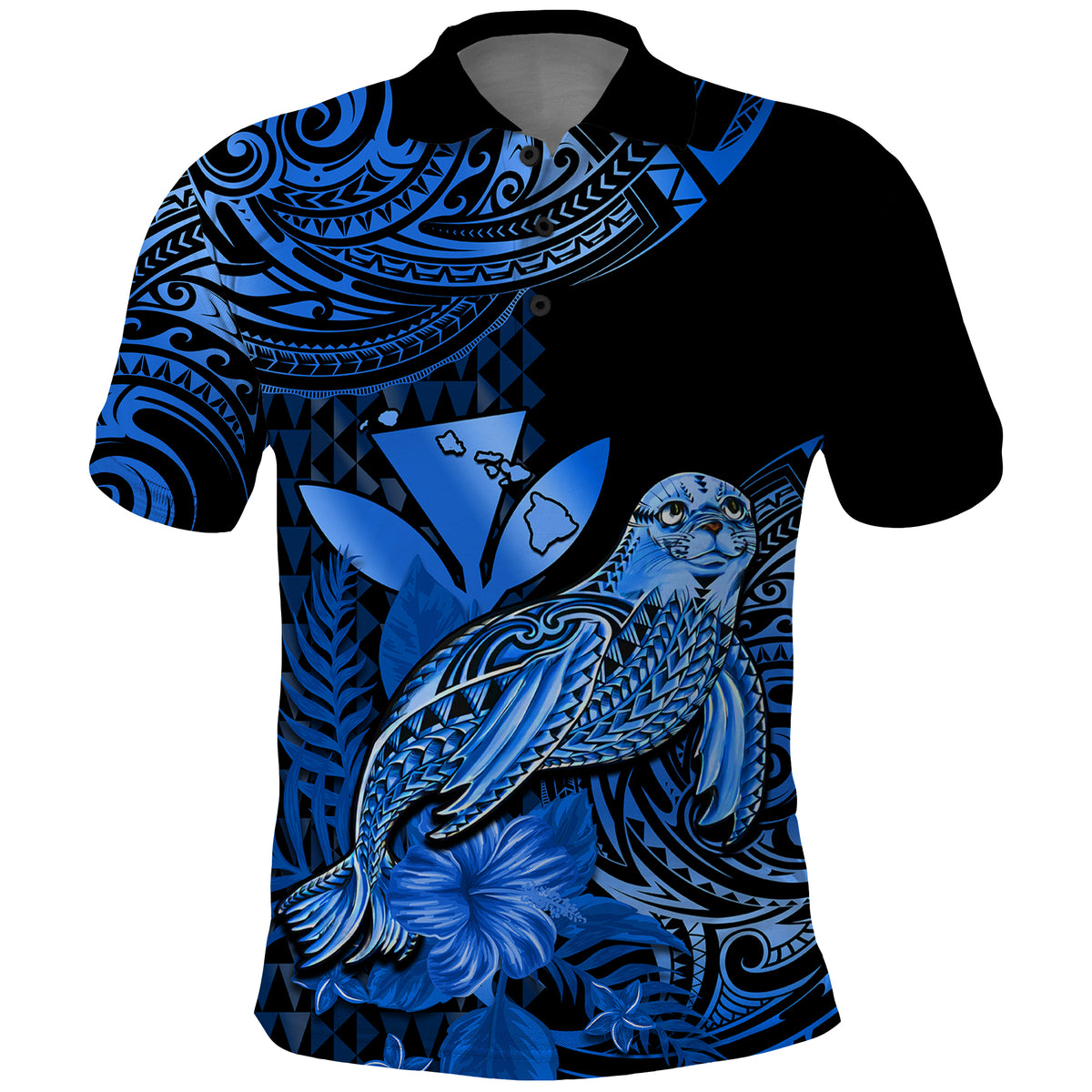 Custom Monk Seal Hawaii Polo Shirt Polynesian Kakau With Kanaka Blue - Wonder Print Shop