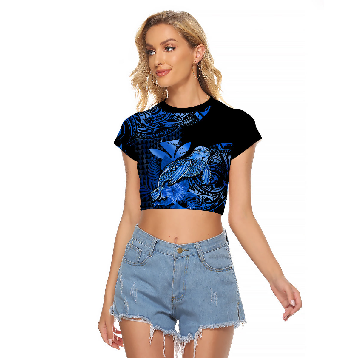 (Custom Personalised) Hawaii Monk Seal Raglan Cropped T Shirt Polynesian Kakau With Kanaka Blue - Wonder Print Shop