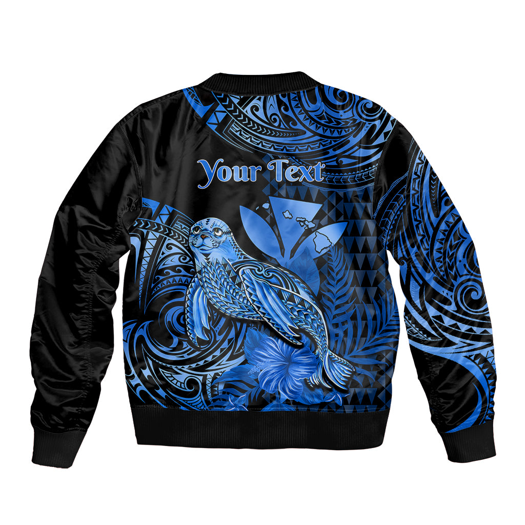 (Custom Personalised) Hawaii Monk Seal Sleeve Zip Bomber Jacket Polynesian Kakau With Kanaka Blue - Wonder Print Shop