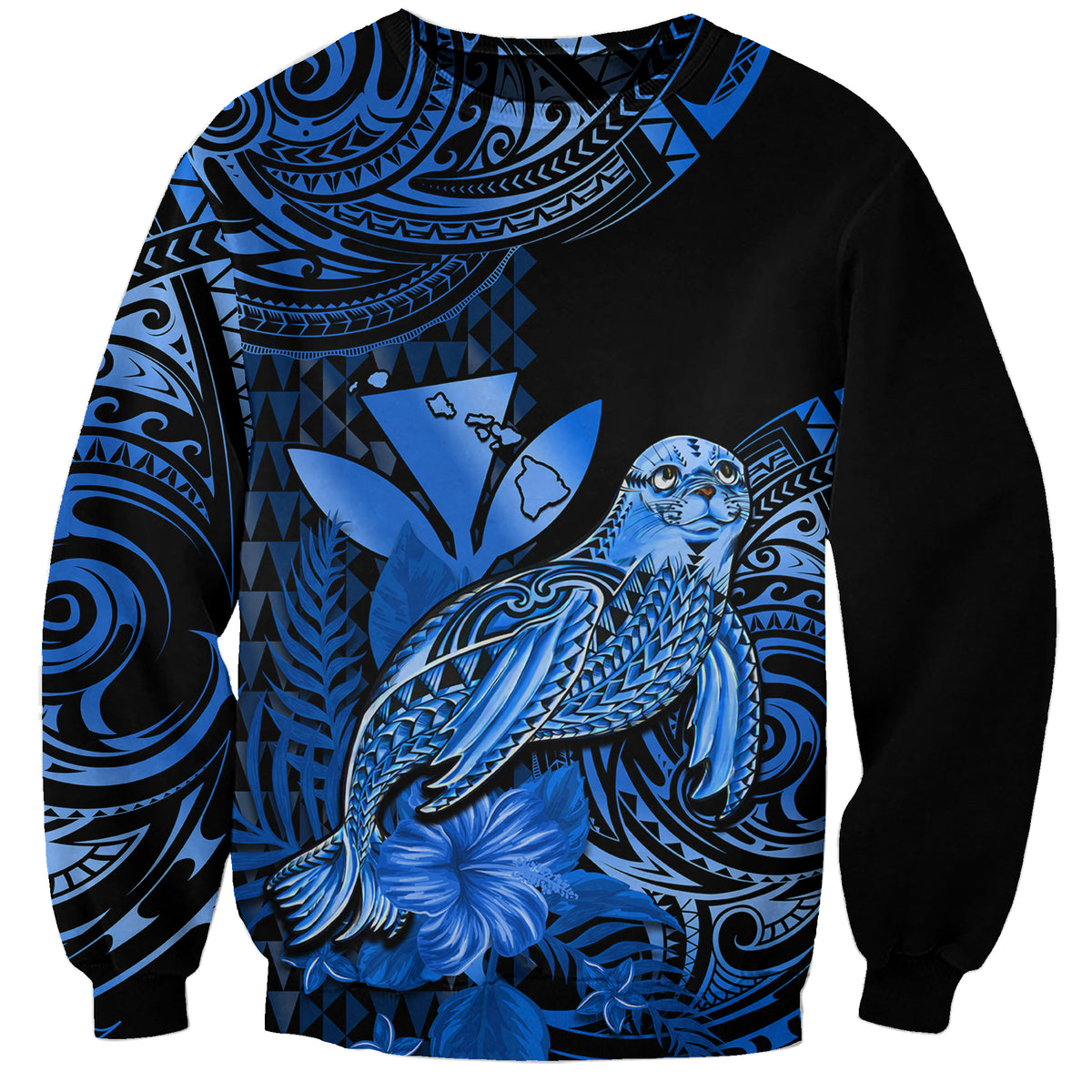 (Custom Personalised) Hawaii Monk Seal Sweatshirt Polynesian Kakau With Kanaka Blue - Wonder Print Shop
