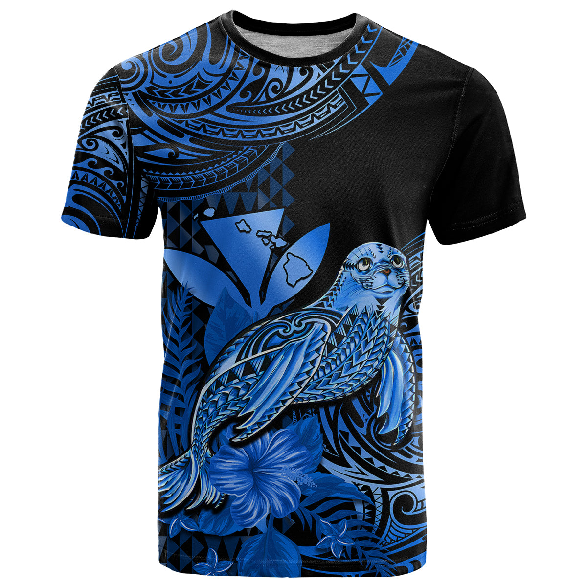 Custom Hawaii Monk Seal T Shirt Polynesian Kakau With Kanaka Blue - Wonder Print Shop