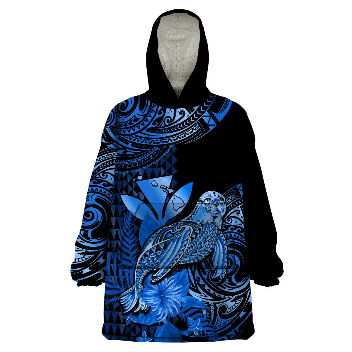 (Custom Personalised) Hawaii Monk Seal Wearable Blanket Hoodie Polynesian Kakau With Kanaka Blue - Wonder Print Shop