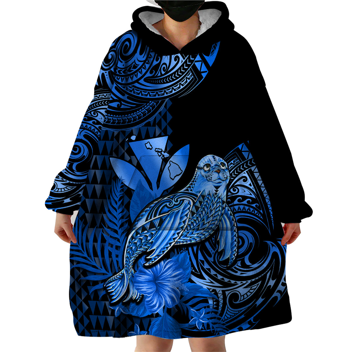 (Custom Personalised) Hawaii Monk Seal Wearable Blanket Hoodie Polynesian Kakau With Kanaka Blue - Wonder Print Shop