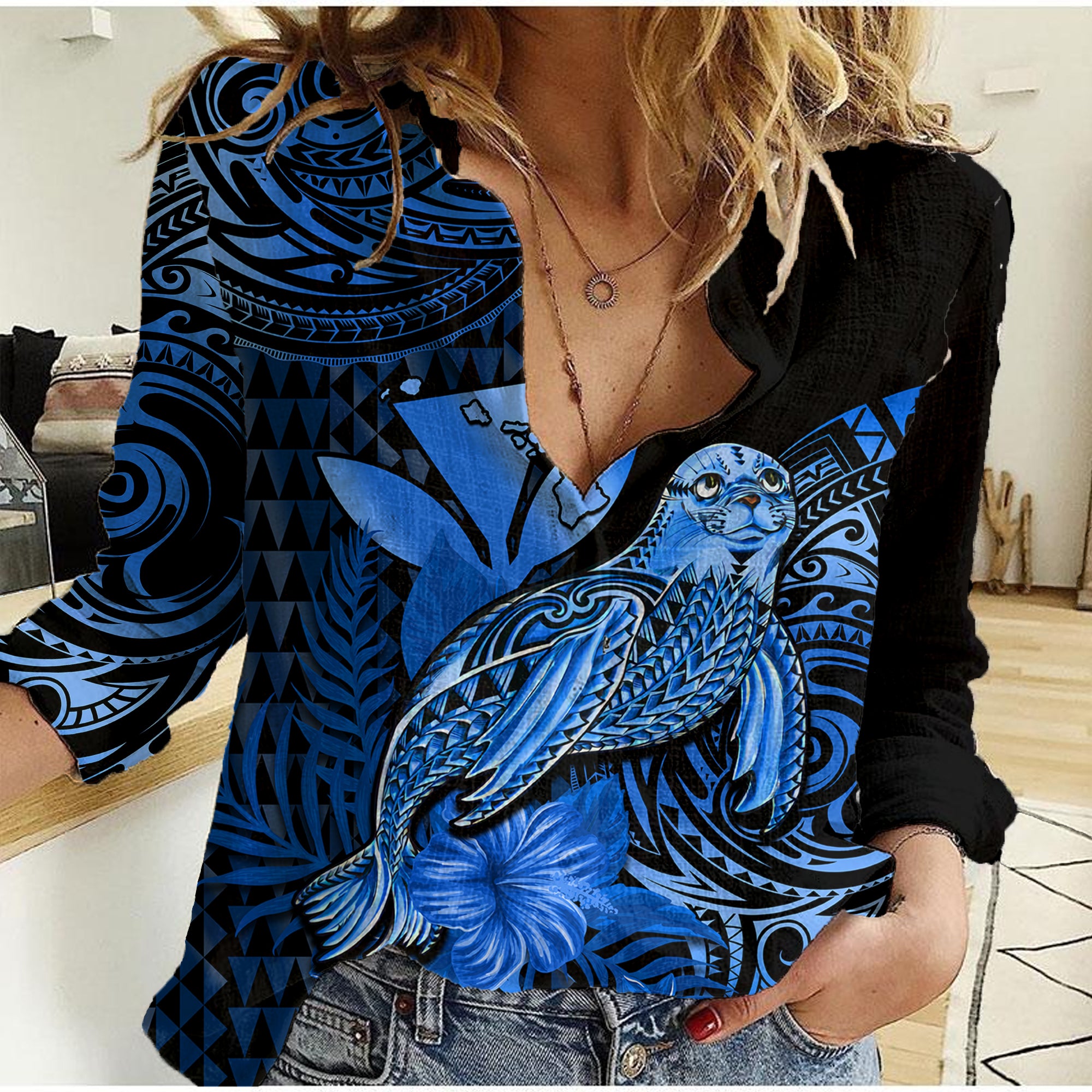 (Custom Personalised) Hawaii Monk Seal Women Casual Shirt Polynesian Kakau With Kanaka Blue - Wonder Print Shop