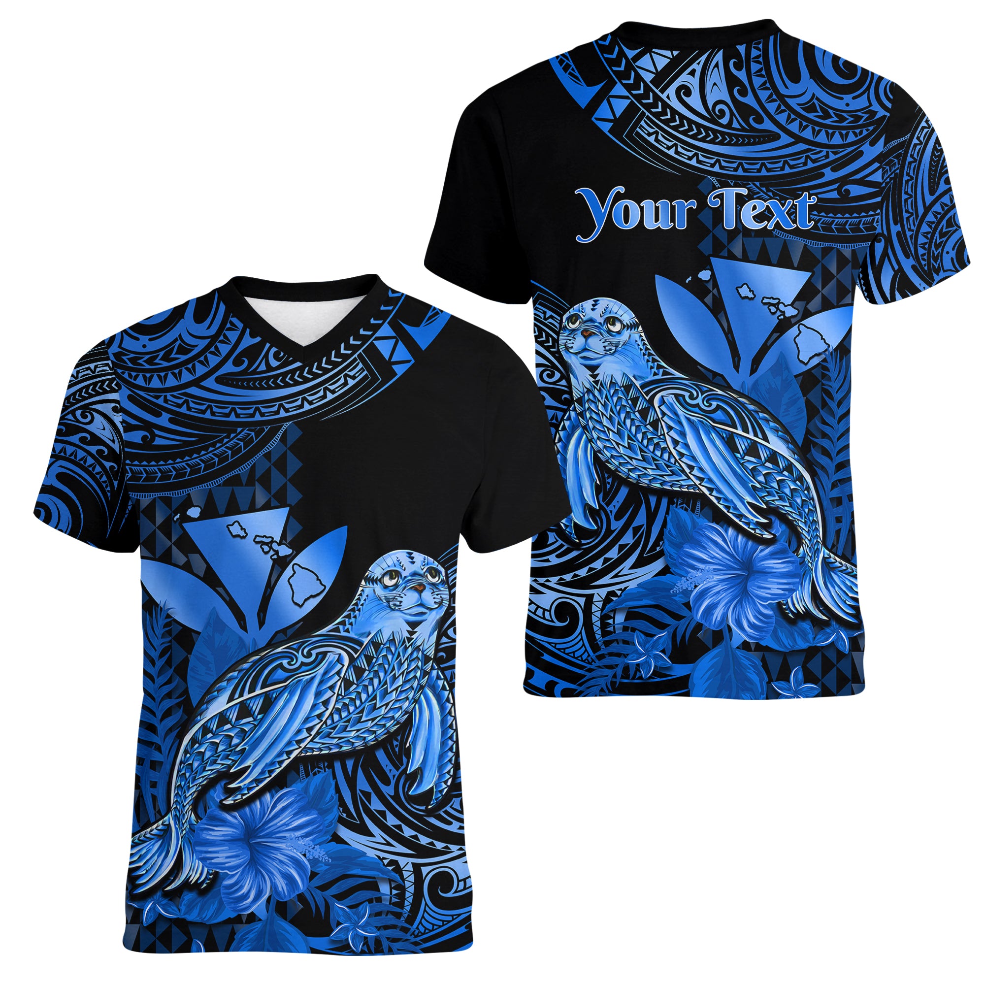 (Custom Personalised) Hawaii Monk Seal Women V Neck T Shirt Polynesian Kakau With Kanaka Blue - Wonder Print Shop