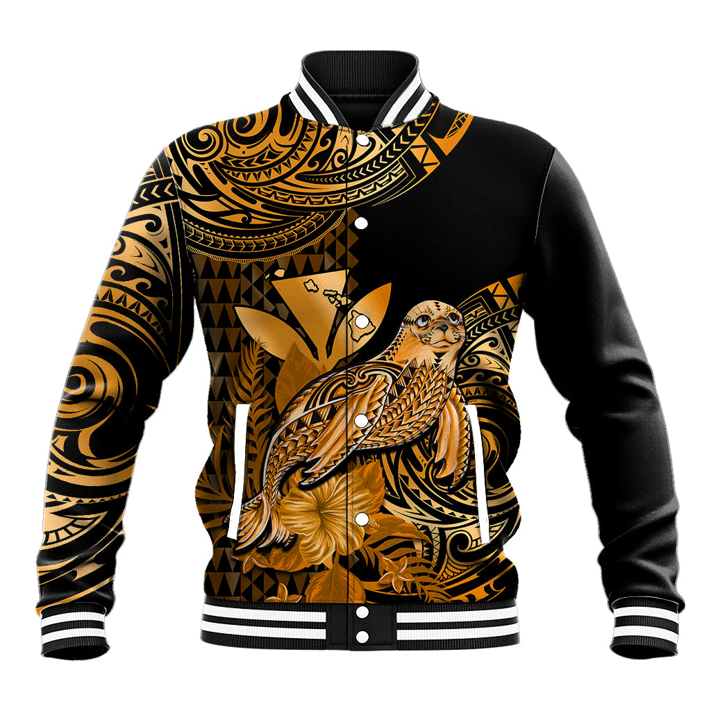 (Custom Personalised) Hawaii Monk Seal Baseball Jacket Polynesian Kakau With Kanaka Gold - Wonder Print Shop