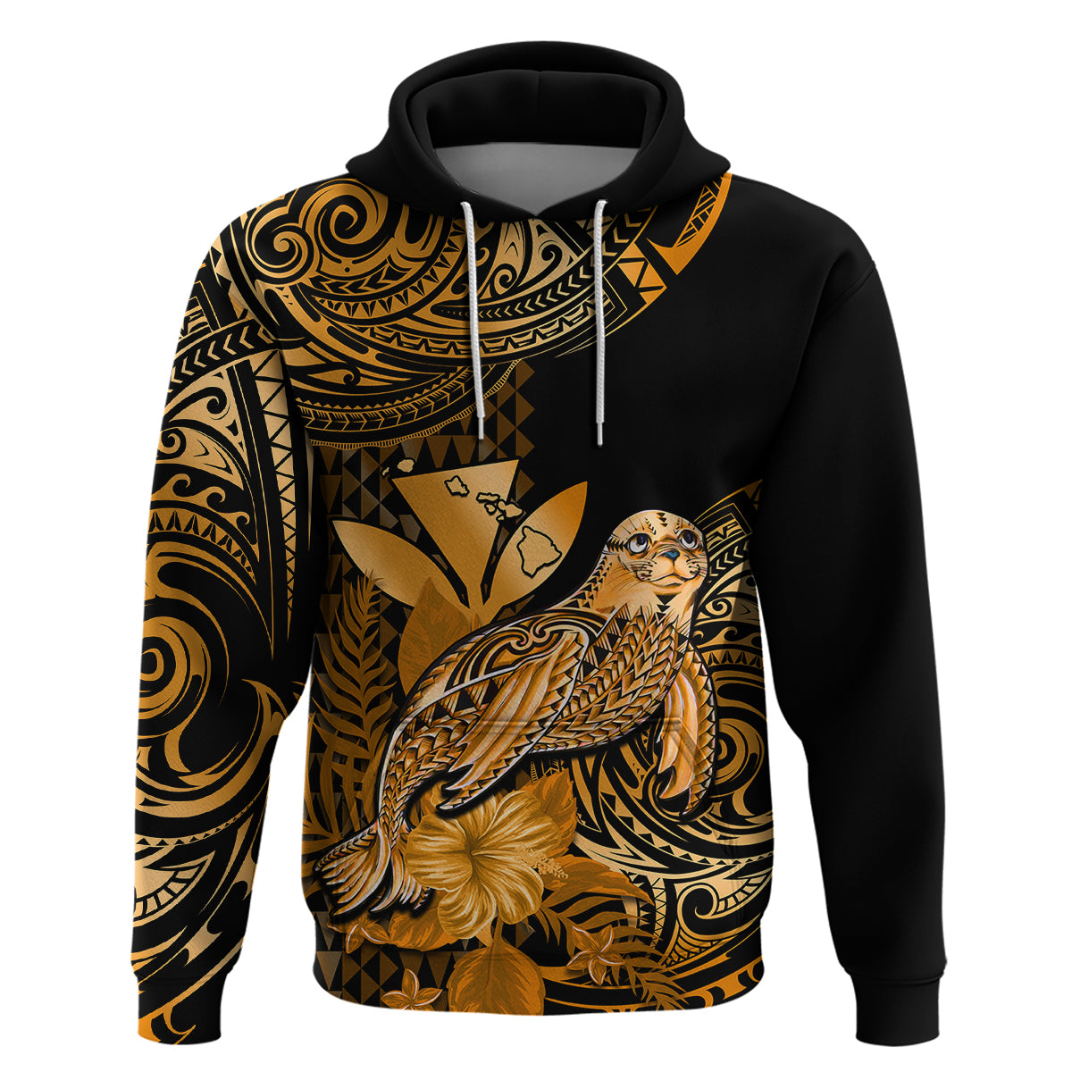 Custom Hawaii Monk Seal Hoodie Polynesian Kakau With Kanaka Gold - Wonder Print Shop