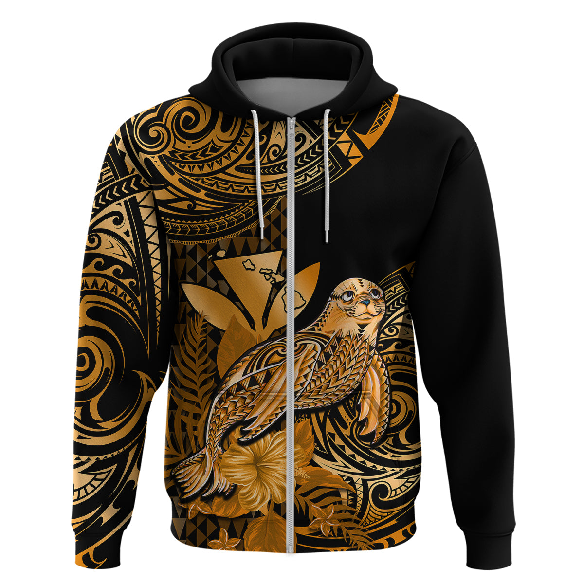 Custom Hawaii Monk Seal Hoodie Polynesian Kakau With Kanaka Gold - Wonder Print Shop