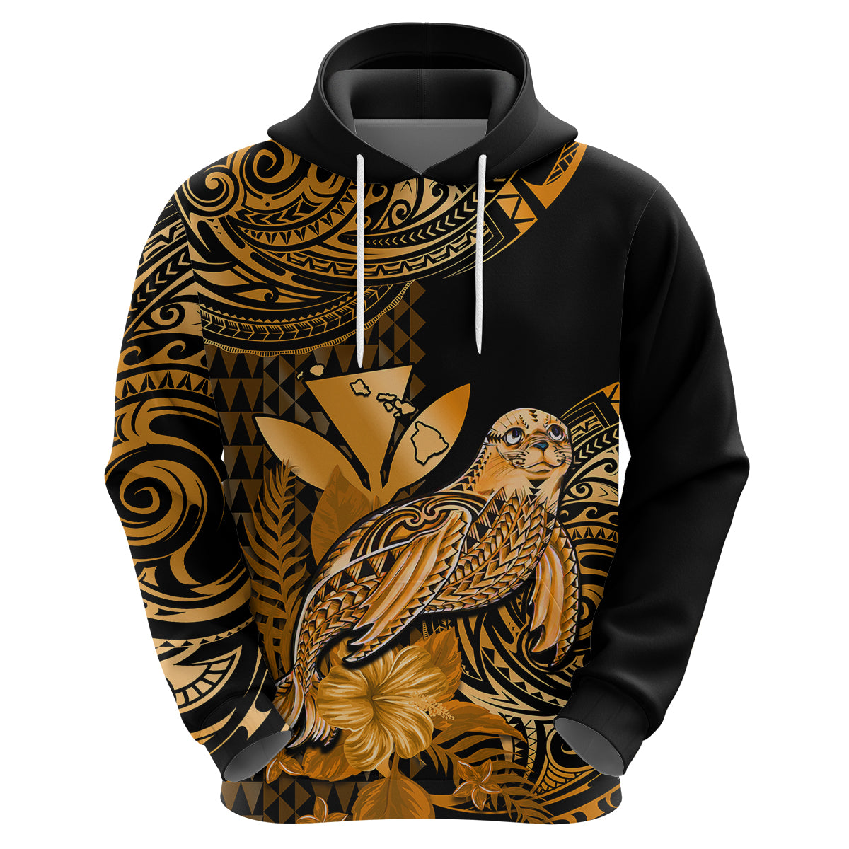 Custom Hawaii Monk Seal Hoodie Polynesian Kakau With Kanaka Gold - Wonder Print Shop