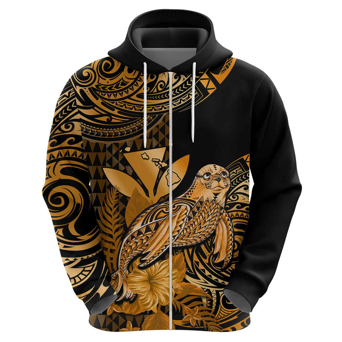 Custom Hawaii Monk Seal Hoodie Polynesian Kakau With Kanaka Gold - Wonder Print Shop