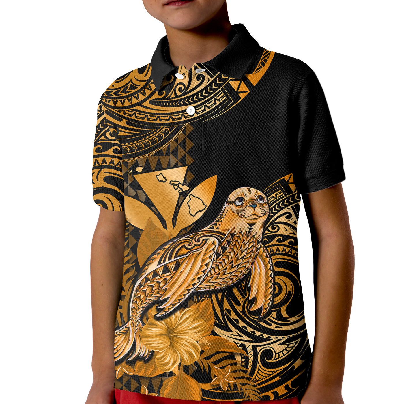 Custom Monk Seal Hawaii Polo Shirt for Kid Polynesian Kakau With Kanaka Gold - Wonder Print Shop