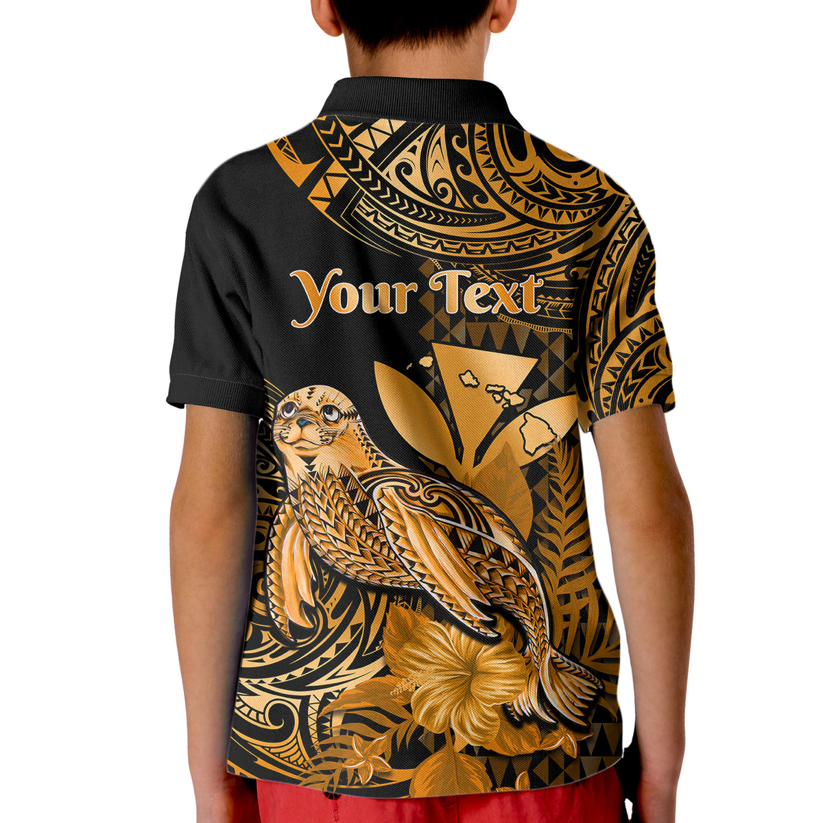 Custom Monk Seal Hawaii Polo Shirt for Kid Polynesian Kakau With Kanaka Gold - Wonder Print Shop