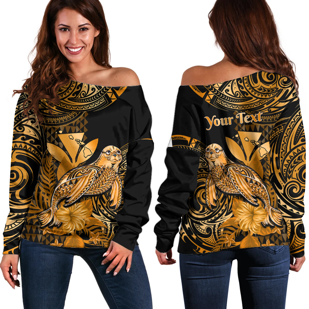 (Custom Personalised) Hawaii Monk Seal Off Shoulder Sweater Polynesian Kakau With Kanaka Gold - Wonder Print Shop