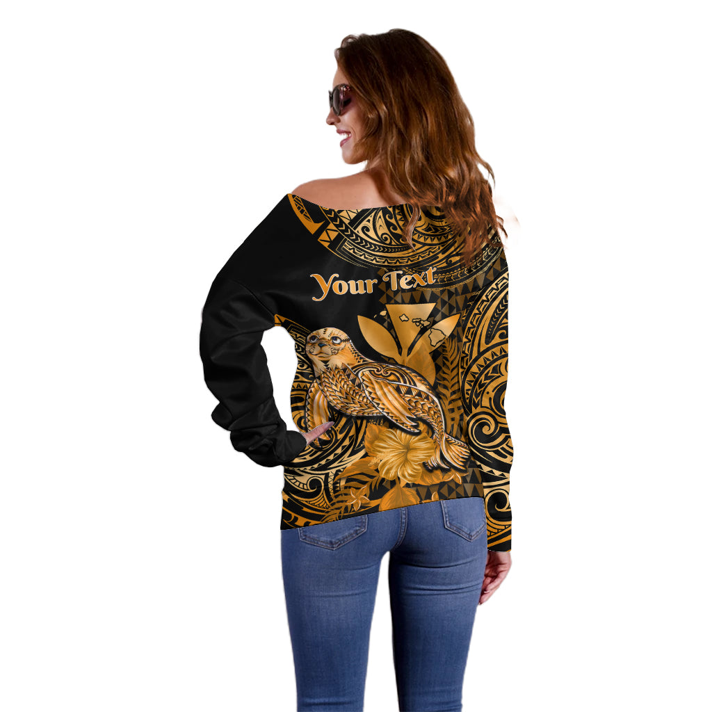 (Custom Personalised) Hawaii Monk Seal Off Shoulder Sweater Polynesian Kakau With Kanaka Gold - Wonder Print Shop