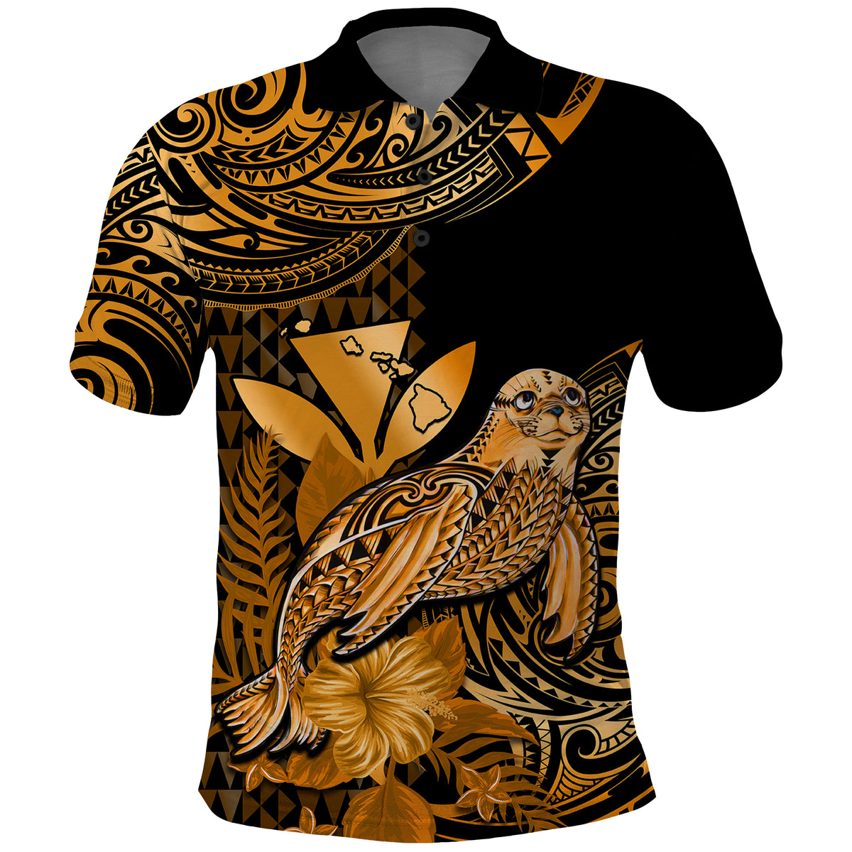 Custom Monk Seal Hawaii Polo Shirt Polynesian Kakau With Kanaka Gold - Wonder Print Shop