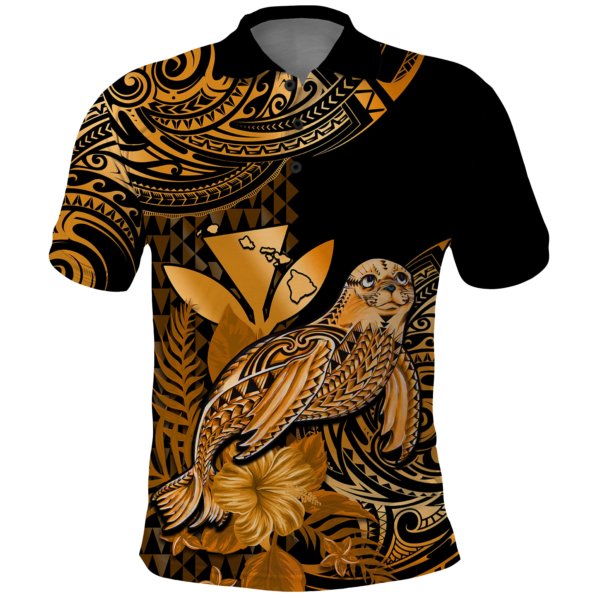 Custom Monk Seal Hawaii Polo Shirt Polynesian Kakau With Kanaka Gold - Wonder Print Shop